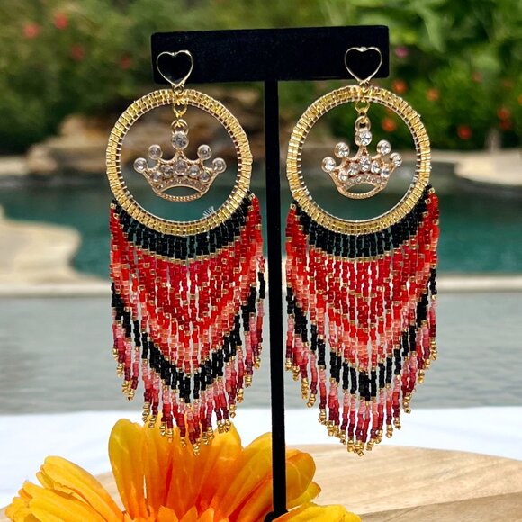 Handmade Beaded Queen Long Fringe Dangle Drop Lightweight Post Hoop Earrings - Picture 7 of 10